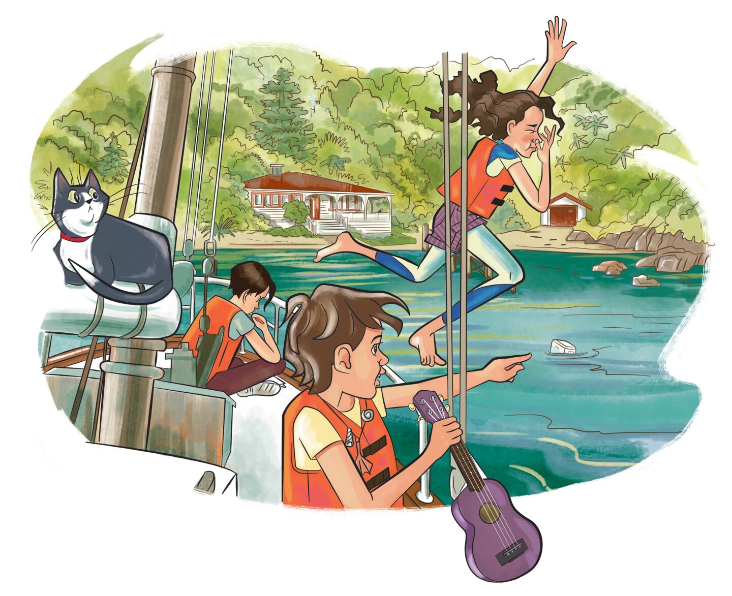 Illustration of children on a boat in Marlborough Sounds