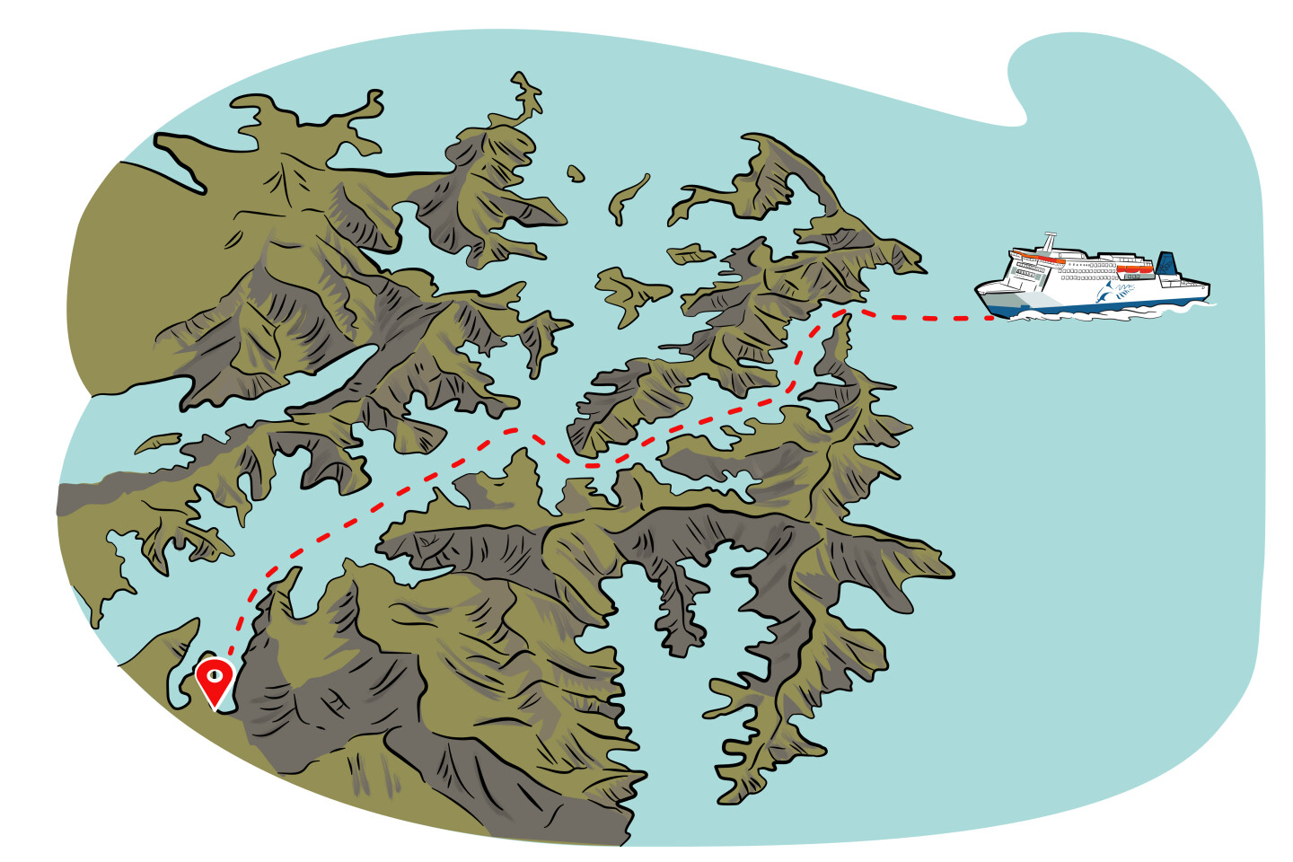 Illustration of Interislander ferry moving towards the Marlborough Sounds