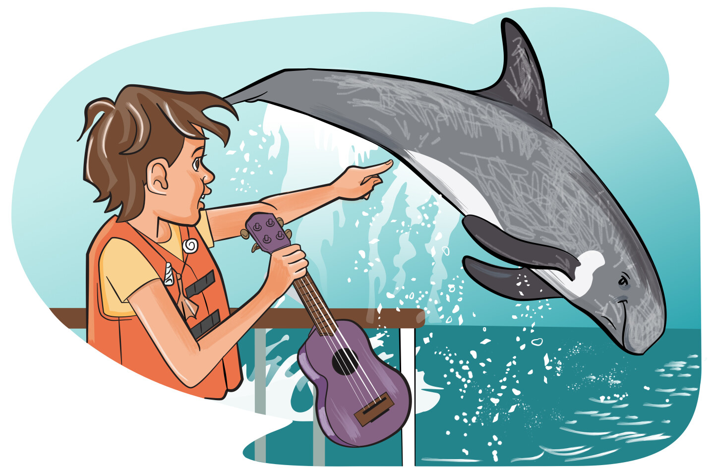 Ilustration of child watching Pelorus Jack a dolphin famous in New Zealand